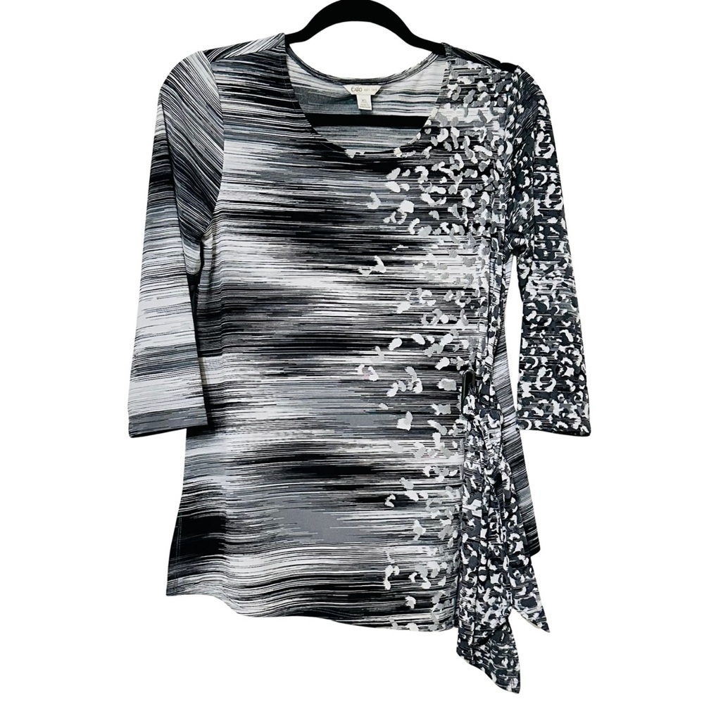 Cato Asymmetrical Tunic Black White Abstract Print Tie Side 3/4 Sleeve Top Sz XS